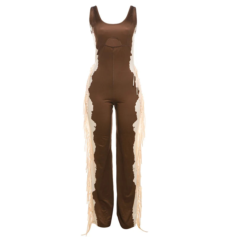 Chic Contrast Patchwork Jumpsuit Women Sexy Hollow Sleeveless Tassel New Trend Fashion Stretch Workout Long Overalls