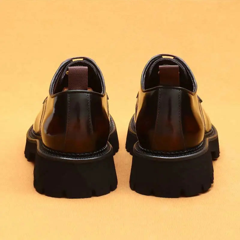 designer men's leather shoes with thick soles round toe glossy leather business dress shoes Waxed cowhide lace up British shoes
