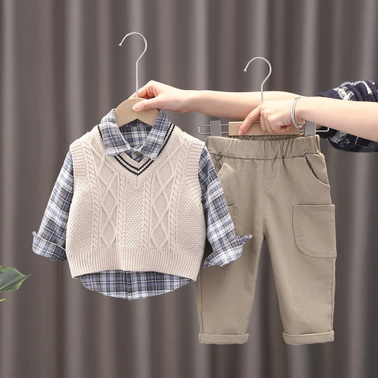 3-delige lente kinderkledingset, schattig dun vest + blouse + broek, meisjes, kleurblok, raster, bovenkleding, 1-3 jaar, unisex