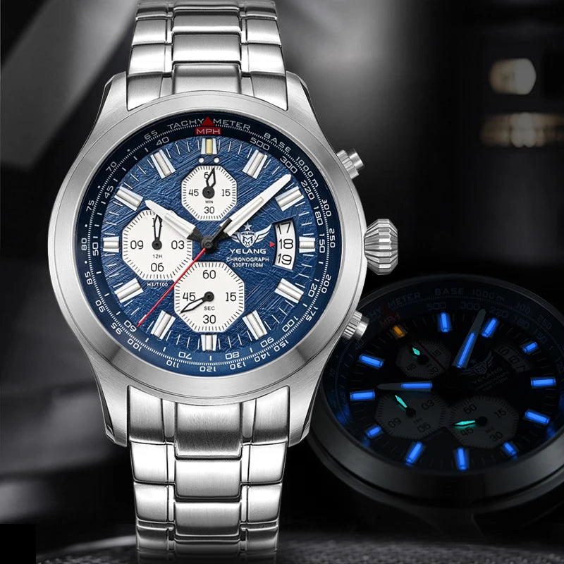Yelang Men's Three Eyes Six Needles Japan OS00 Movement 100M Water Resistant Waterproof Diving Stainless Steel Quartz Watch