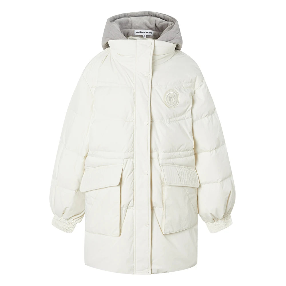 Women's Faux Two-Piece Mid-Length Puffer Jacket With Cosy Polar Fleece Lining, Hooded Warmth Loose Duck Down Coats For Ladies