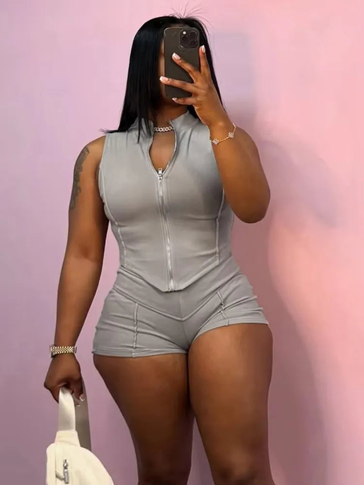 Lijnen Patchwork 2-delige set Dames Rits Cardigan Onregelmatige Crop Top + Skinny Peach Hip Shorts Eenvoudige Sportieve Straatkleding