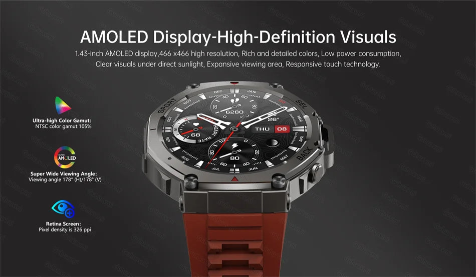 GPS Smartwatch 1,43" HD AMOLED-scherm Ingebouwde GPS Bluetooth-oproepen Waterdicht zwemkompas GPS-sportsmartwatch voor mannen