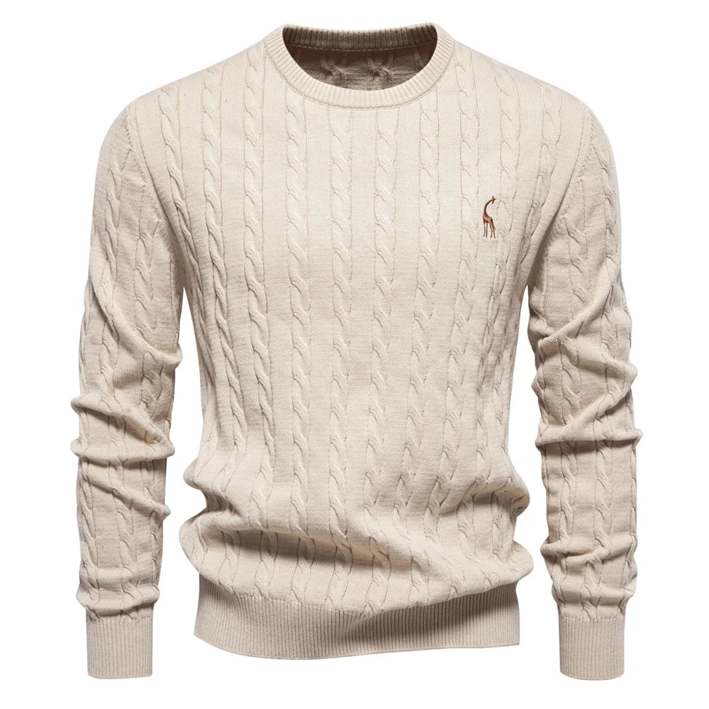 Men's Giraffe Embroidery Cotton Sweaters Round Neck Classic Twist Patterned Pullover Knitted Sweater for Men