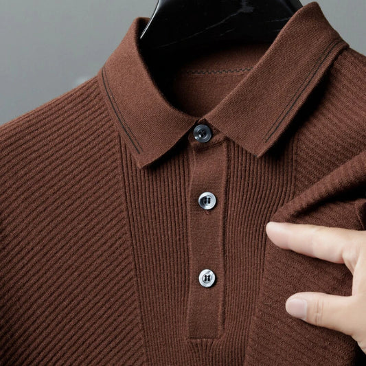 Men's Solid Colour Business Casual Polo Shirt, Suitable For Daily Commute, Pullover Sweater, Warm Knitted Long-Sleeved Cardigan