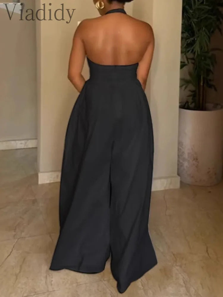 Women's Sexy Solid Color Halter Backless Wide Leg Jumpsuits Casual Sleeveless Rompers