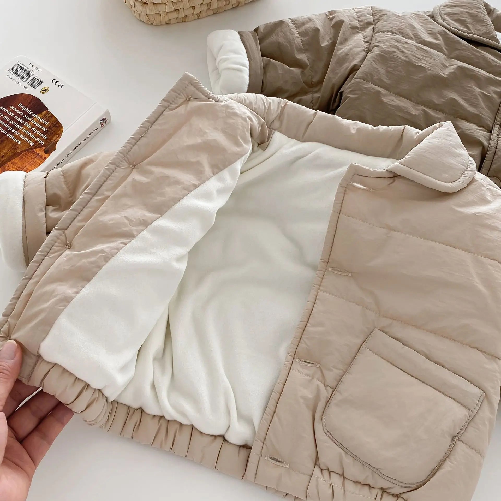 Baby Children's Winter Clothing Solid Colour Cotton Jacket Girls Simple Pocket Outwear Boys Fur Lining Warm Coat 0-5Y Unisex