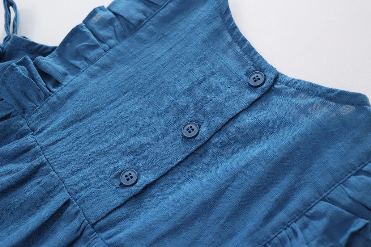 New Summer Kids Sundress Korean Style Ruffled Blue Vest Style Dress for Girls Children Sleeveless Dress 4-6Y Girls