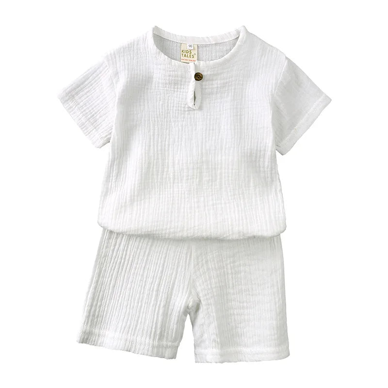 2025 Summer 100% Cotton Baby Boy Girl 2PCS Set Solid Short Sleeve Shirt Casual Toddler Suit 1-7T Unisex