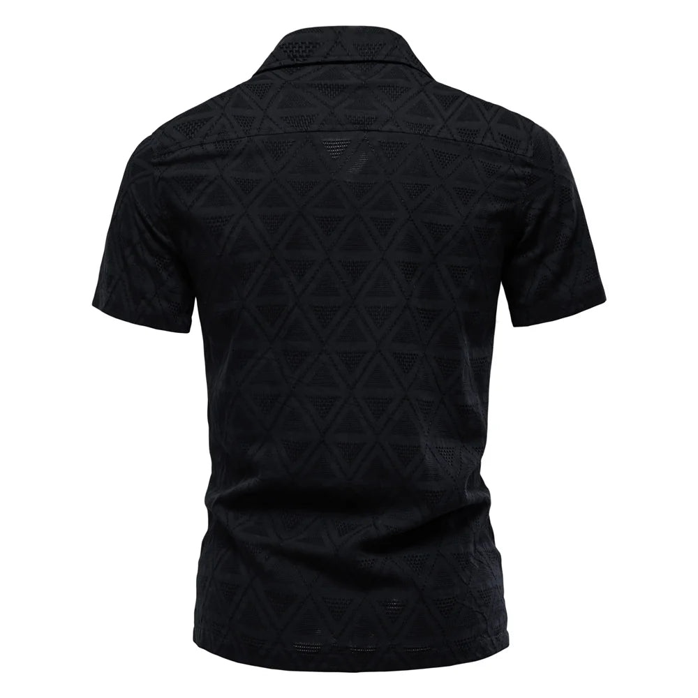 100% Cotton Jacquard Men's Short Sleeve Shirts - Solid Colour Turn-down Collar Casual Summer Shirts for Men