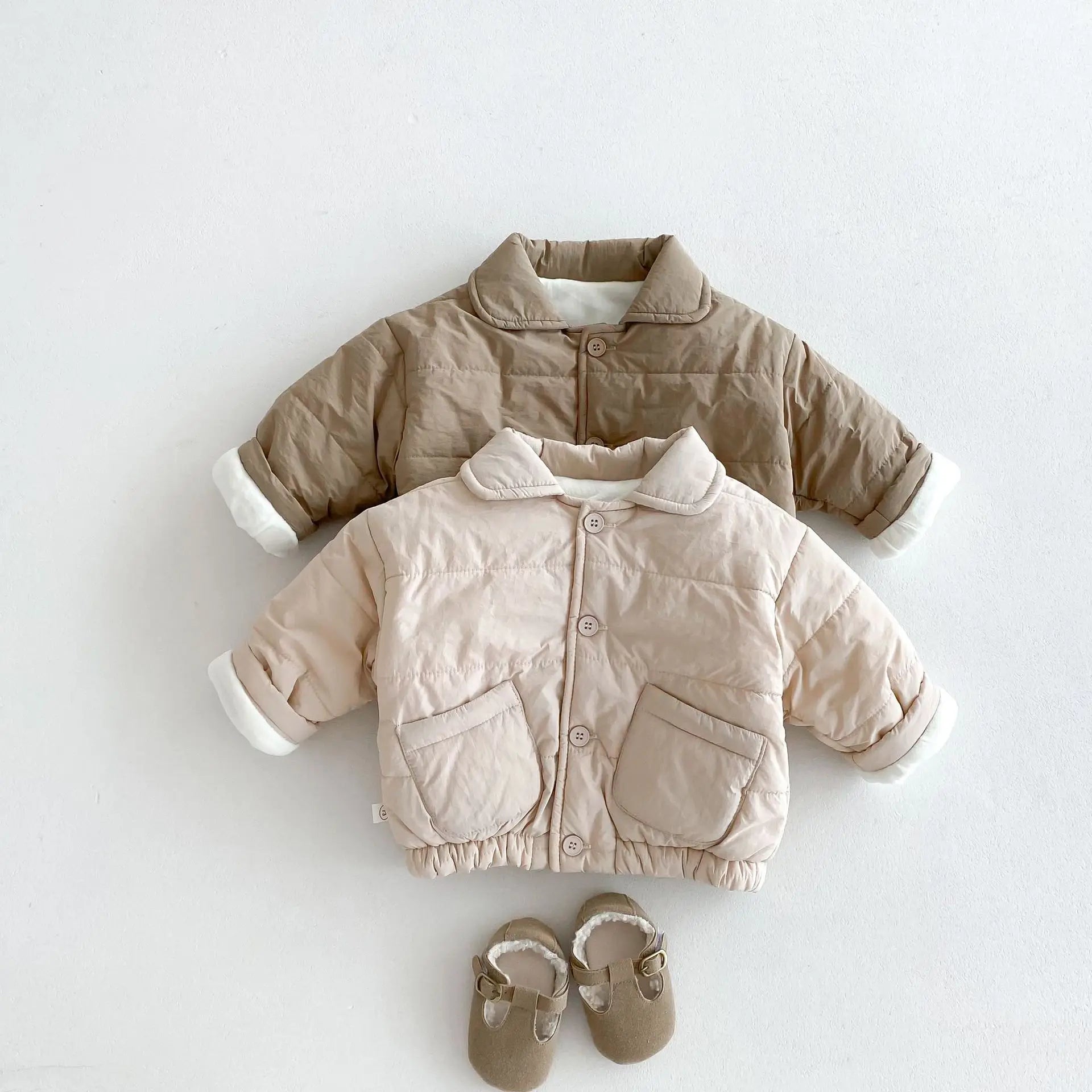Baby Children's Winter Clothing Solid Colour Cotton Jacket Girls Simple Pocket Outwear Boys Fur Lining Warm Coat 0-5Y Unisex