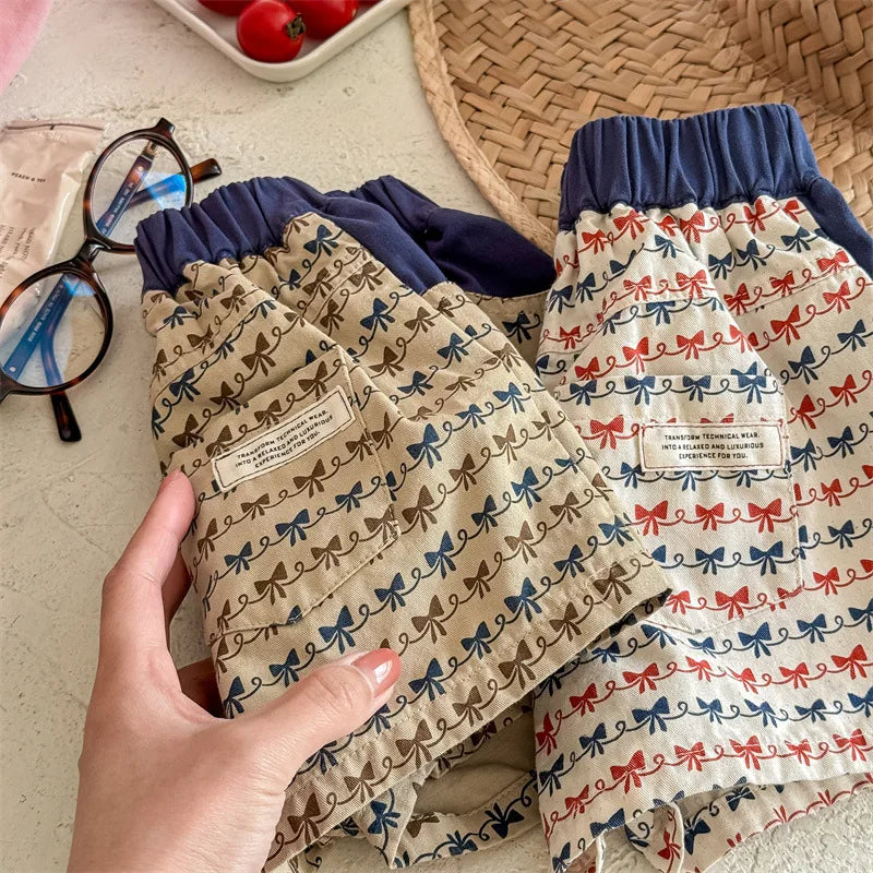 2025 Zomer Nieuwe Baby Meisjes Strik Print Shorts Katoenen Kinderen Losse Shorts Kinderen Veelzijdige Casual Broek Ademende Peuterkleding 4-6Y