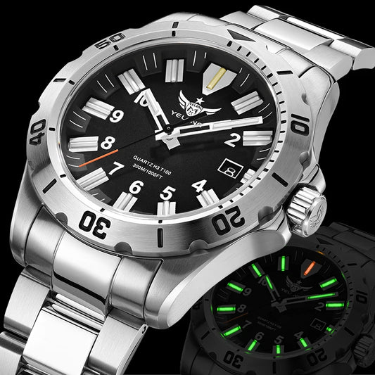 YELANG V1036 42mm Men's Quartz Watch Luminous Display Japan Movement 30ATM Waterproof Stainless Steel Band with Luminous Hands