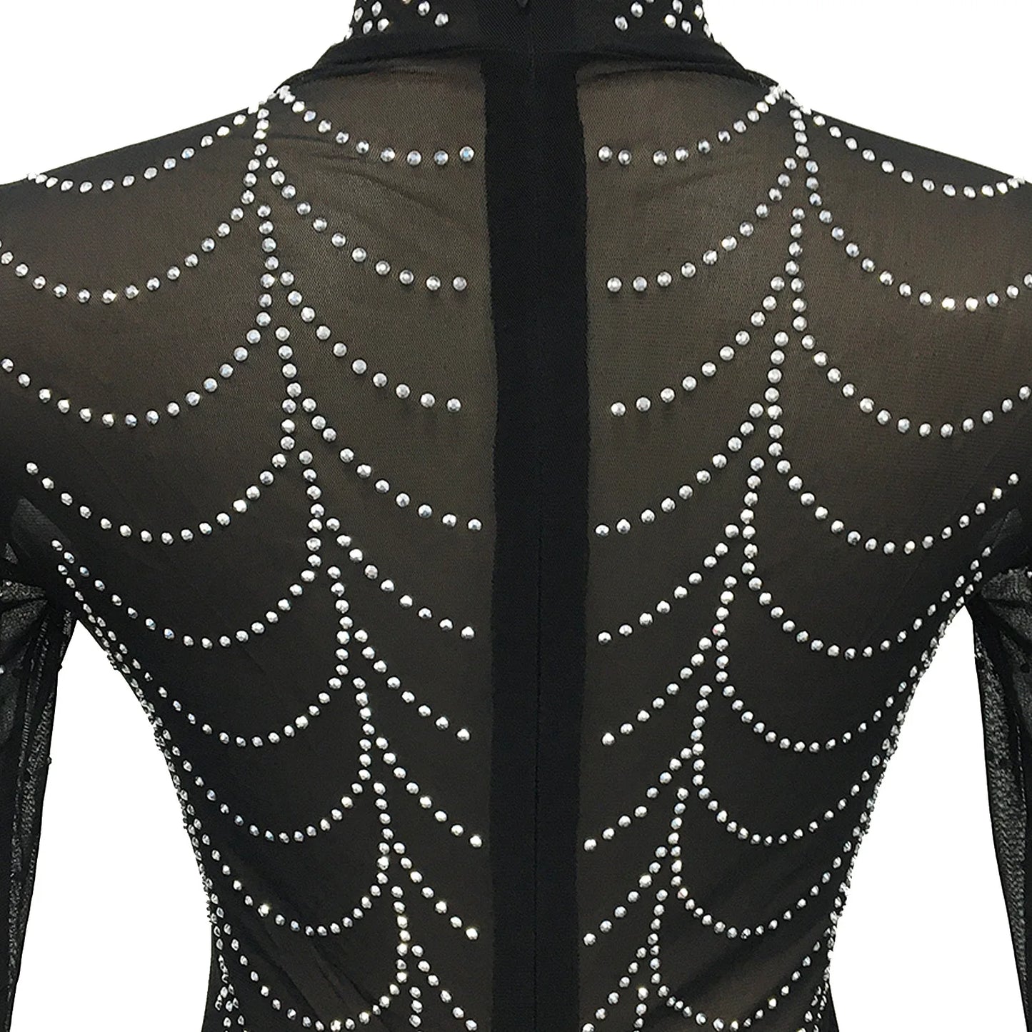 Sexy Rhinestone Sheer Mesh Long Sleeve  Party Dress