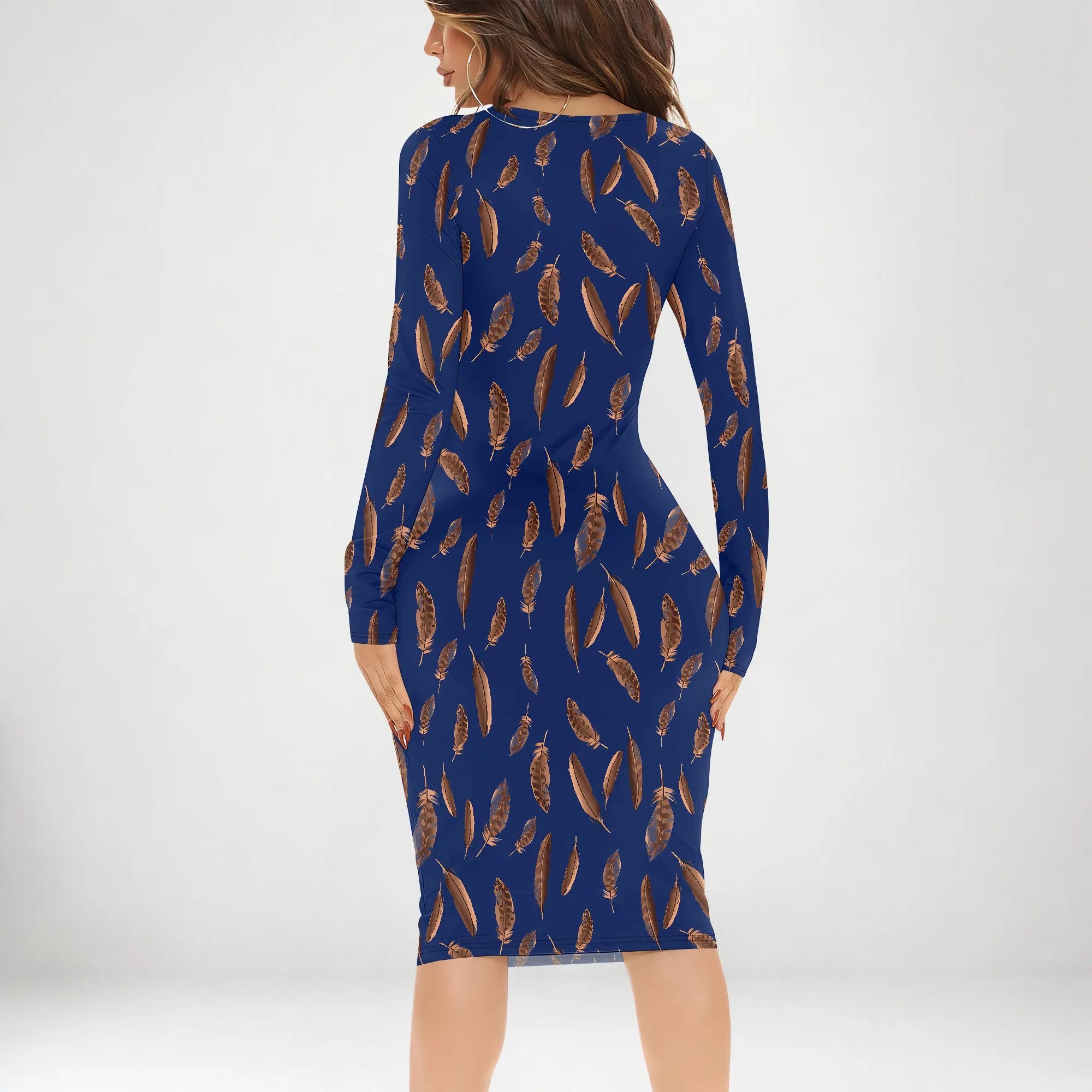 Womens Bodycon White Dark Blue line Flower Print Round Neck Ruffle Ruched Party Knee Length Pencil Dress