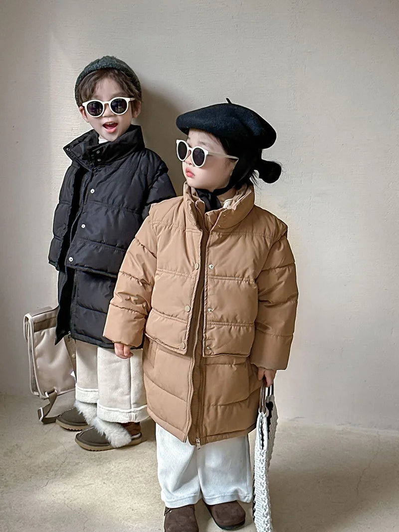Winter Kids Parkas Thicken Vest And Parkas 2 Pcs Boys Long Parka Cotton Lining Girls Jacket 4-6Y Unisex