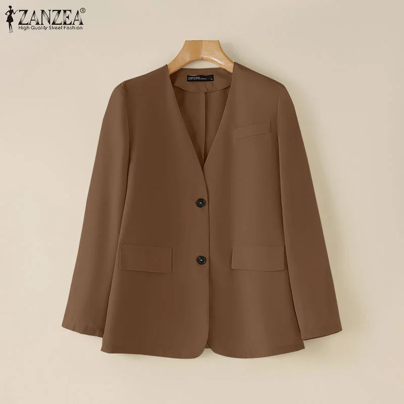 Elegant Solid Suit Jackets Long Sleeve Button Up Autumn 2024 V Neck Outwear Tops Office Lady Women Commute Fashion Blazer