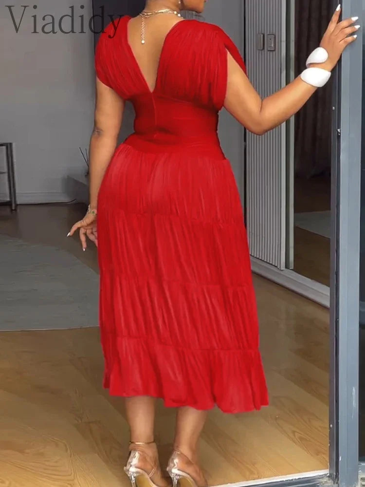 Women Casual Sleeveless Ruched Ruffles Hem Dress