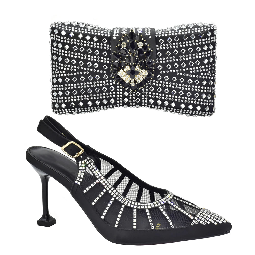 2025 Italian Shoes and Bags Matching Set Decorated with Rhinestone Plus Size Heels