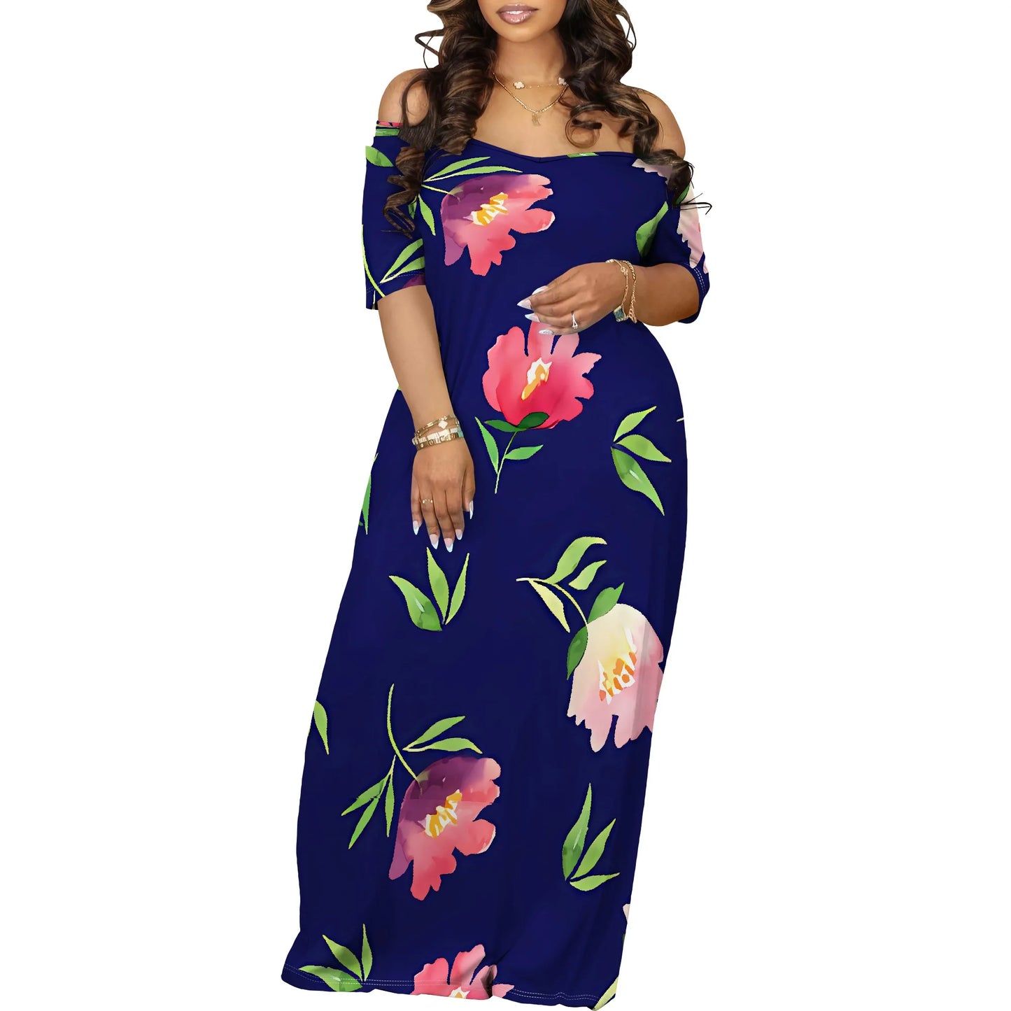 Floral Off Shoulder Maxi Dress Blue Background Summer Holiday Garden Style
