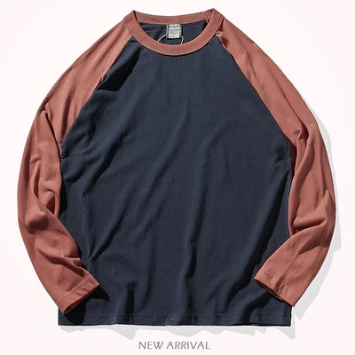 Autumn New American Retro Long Sleeve O-neck Contrast Splicing T-shirt Men's Fashion 100% Cotton Washed Old Casual Sport Tops