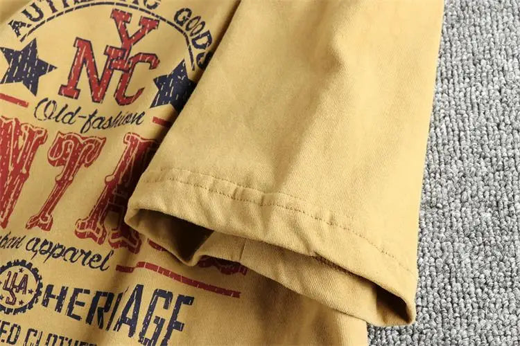 2025 Summer New American Retro Short Sleeve O-neck Letter Printed T-shirt Men's Fashion 100% Cotton Washed Casual Youth Tops