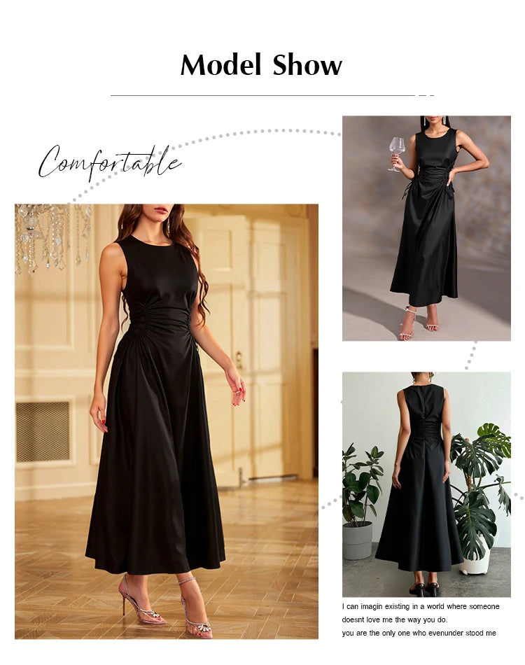 Dresses Spring Summer Fashion Elegant Solid Colour Sleeveless Round-Neck Midi Party Shift Dresses For Women