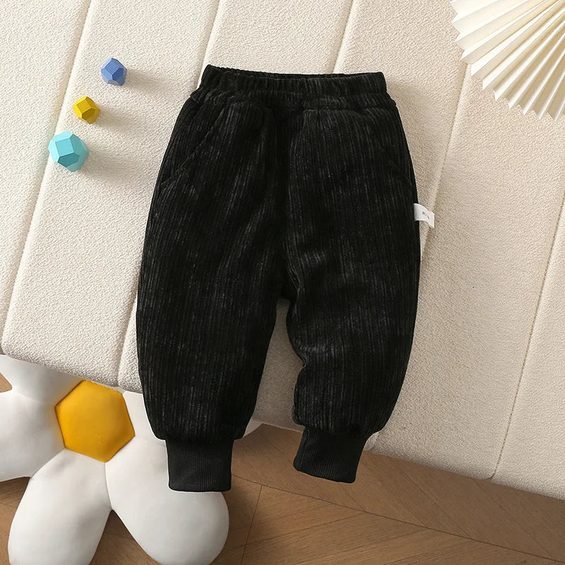 New Winter Kids Pants Children Solid Colour Pit Strip Trousers Boys Girls Fleece Padded Casual Pants 4-6Y Unisex