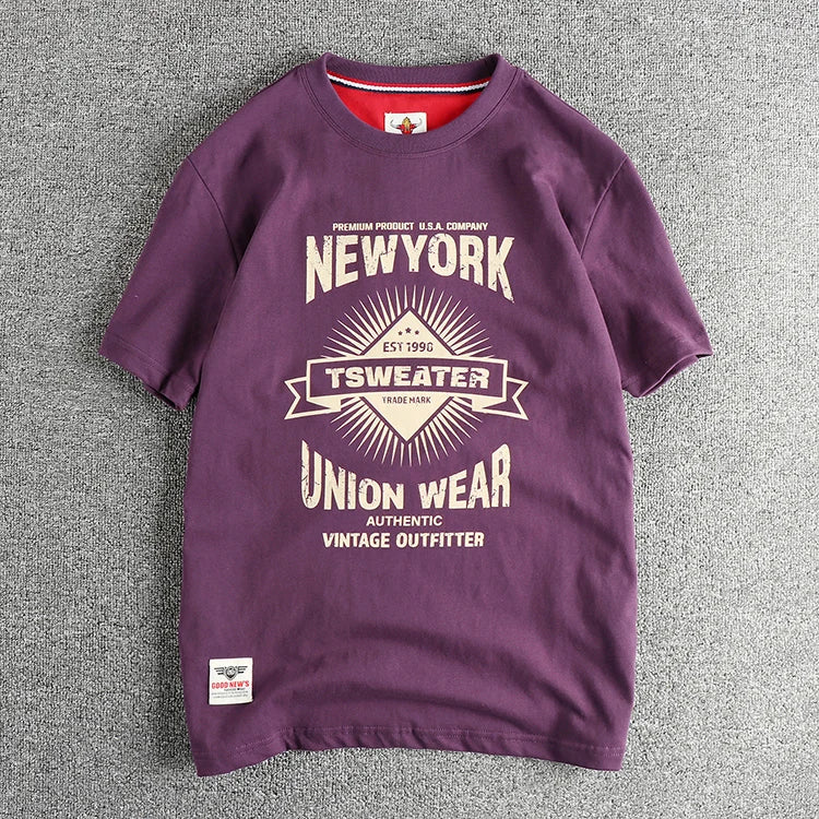 2025 Summer New American Retro Short Sleeve O-neck Letter Printed T-shirt Men's Fashion 100% Cotton Washed Casual Youth Tops