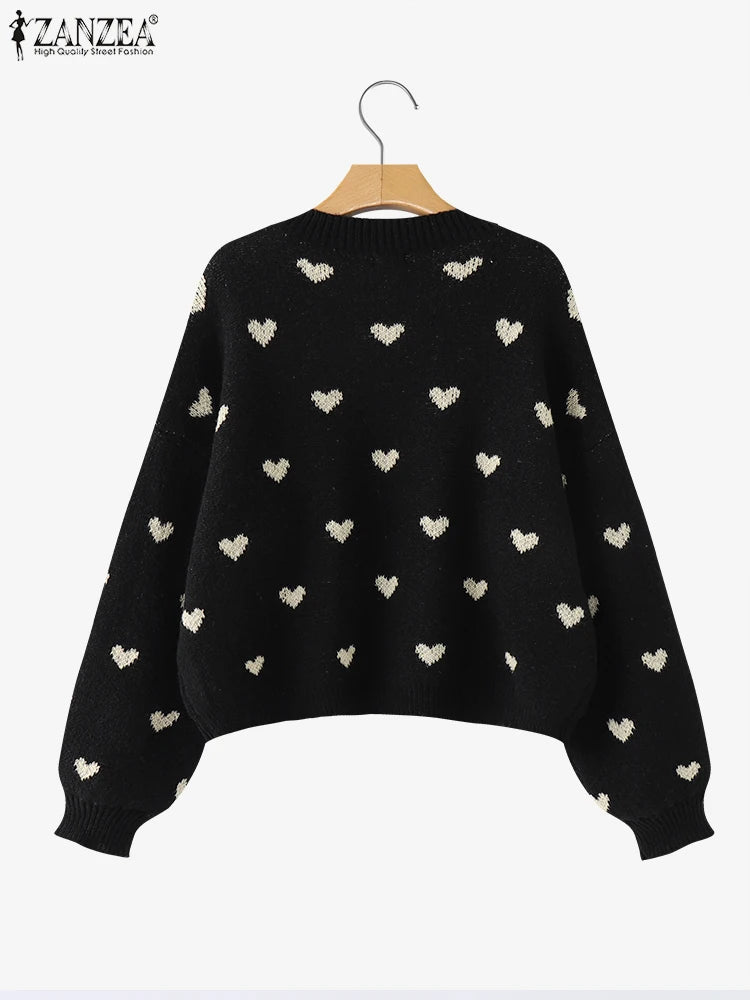 Women Loose Knitted Sweaters 2025 Spring Autumn Lantern Sleeve O Neck Heart Pattern Pullovers Streetwear Stylish Tops