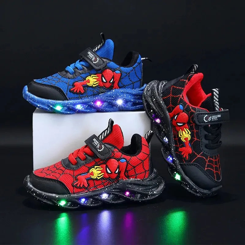 Disney Spiderman Light-Up Boys Spring Sneakers Breathable Mesh Outdoor Shoes with Non-Slip Sole, Illuminated LED Kid Footwear