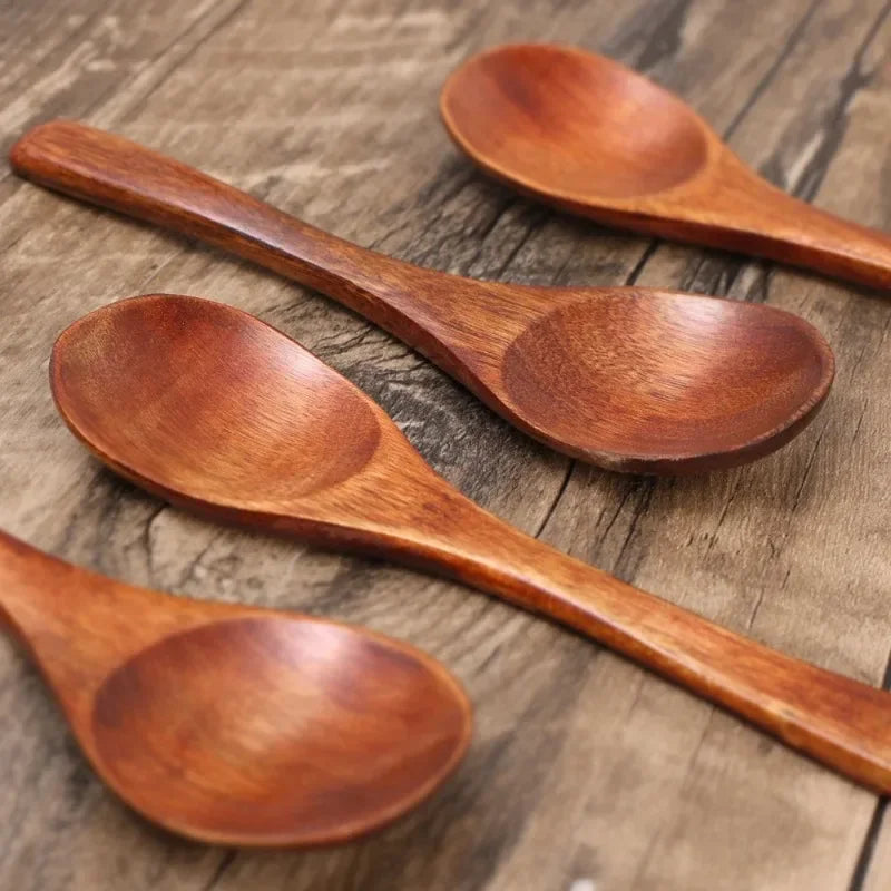 1/10Pcs Wood Soup Spoons Long Handle Coffee Milk Teaspoon Sugar Spice Condiment Scoops Kitchen Tableware Tools Wooden Spoon