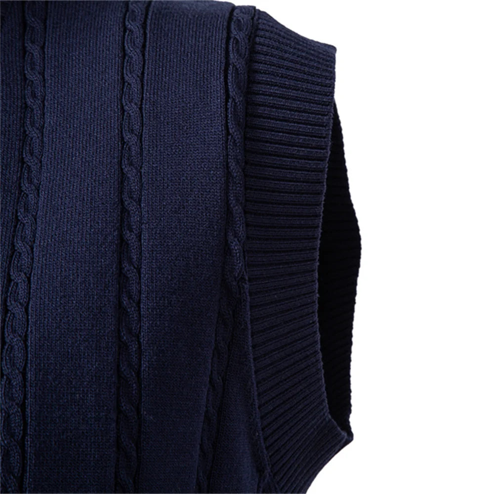 Men's Solid Colour V-Neck Knitted Vest Sleeveless Casual Warm Versatile Sweater Male Vest‌
