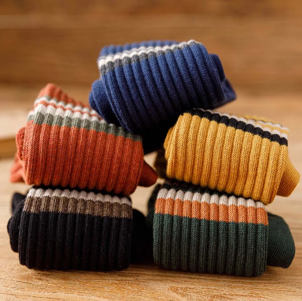 5 Pairs Winter Men's Cotton Tube Socks Harajuku Retro Thick Warm Striped Plus Size Long Terry Socks
