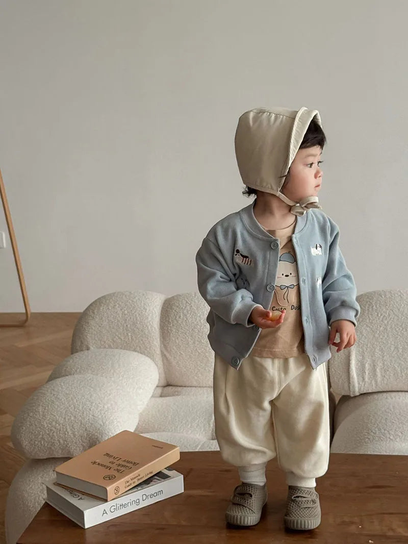 New Autumn Boys Girls Dog Baseball Uniform Cartoon Embroidered Pattern Kids Coat Fashion Children Clothes Pants 9M-5T Unisex