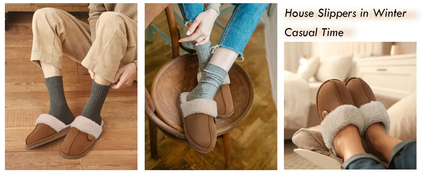 Unisex Fuzzy House Winter Slippers Fashion Fur Collar Suede With Fluffy Memory Foam Indoor Slides Plush Cotton Shoes For Men & Women