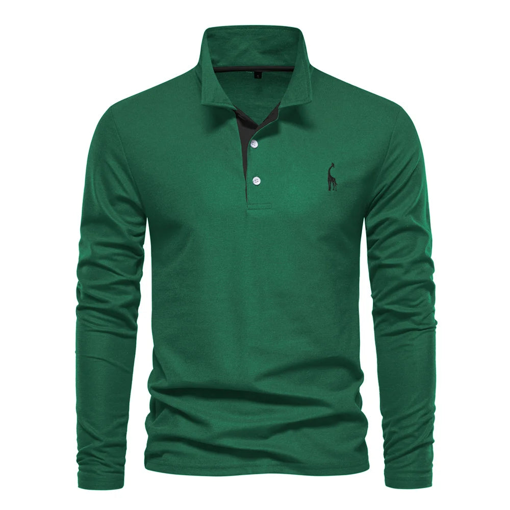 New Men's Deer Embroidery Polo Shirts Solid Colour Long Sleeve Social Business Male