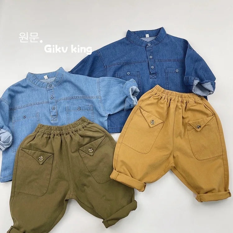 2025 Herfst Nieuwe Kinderen Losse Broeken Baby Meisjes Effen Vintage Casual Broek Peuter Jongens Veelzijdige Cargo Broek Kinderkleding 4-6Y Unisex