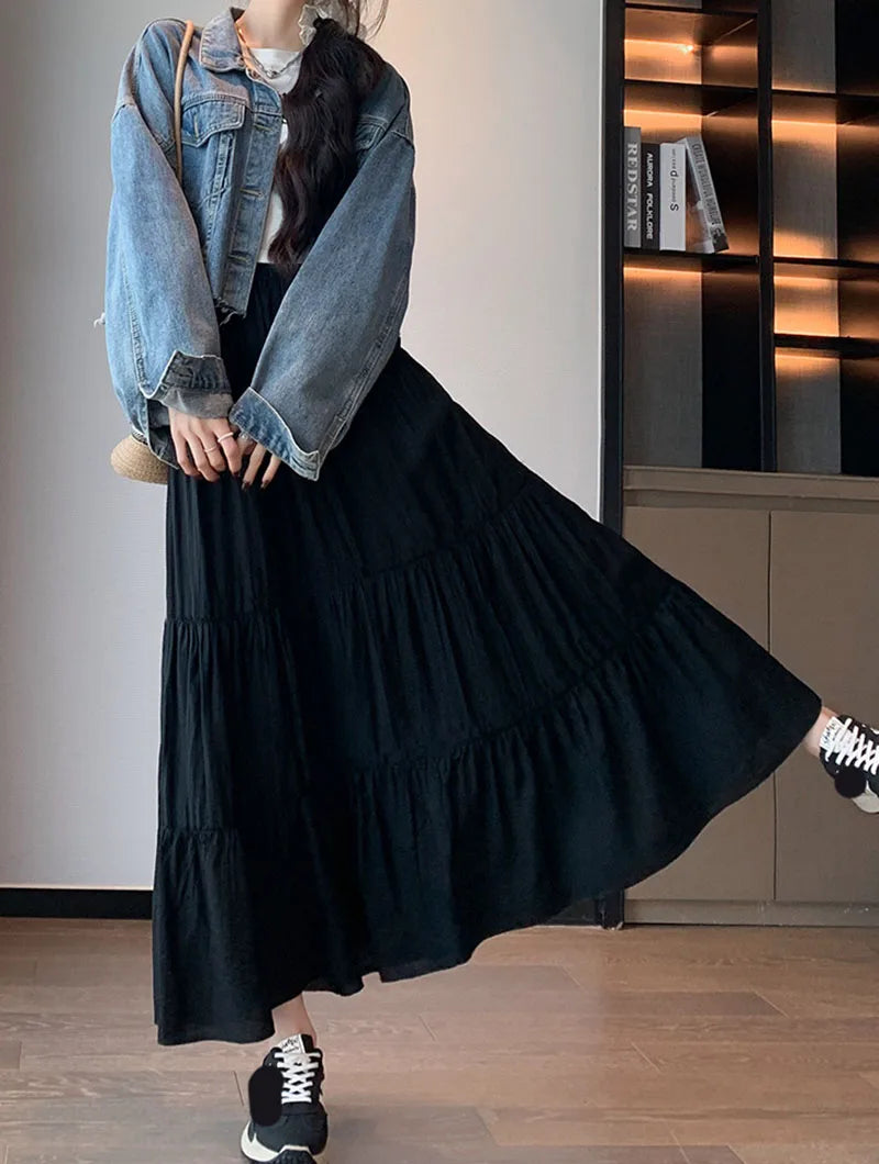 Spring Summer Women Long Skirts Fashion High Waist Elastic Patchwork A-Line Skirt Casual All-Match White Cake Maxi Skirts Female