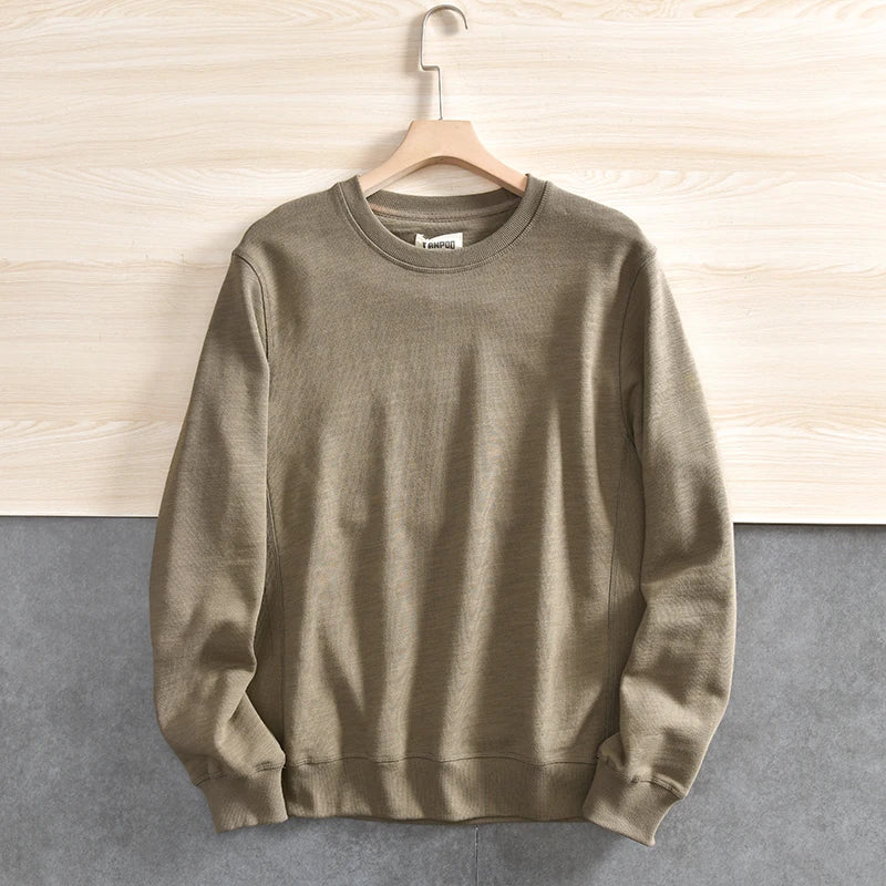 Lente Nieuwe Amerikaanse Retro Lange Mouw O-hals Effen Kleur Sweatshirts Heren Eenvoudige 100% Katoen Gewassen Trui Casual Sportkleding