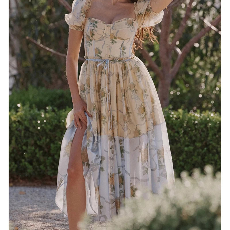 Patchwork Floral Print Boho Summer Dresses Women Vintage Puff Sleeve A-line Midi Chiffon Dress Chic Lady Vacation Robe