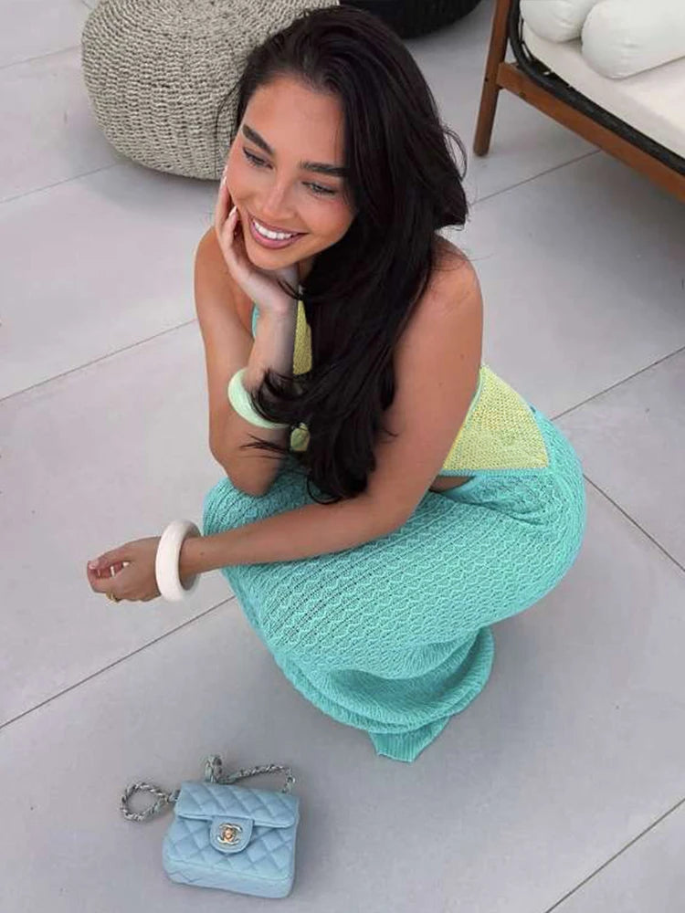 Crochet Beach Women 2 Piece Set Sleeveless Irregular Backless Halter Tank Tops + Maxi Skirts Vacation Matching Clubwear