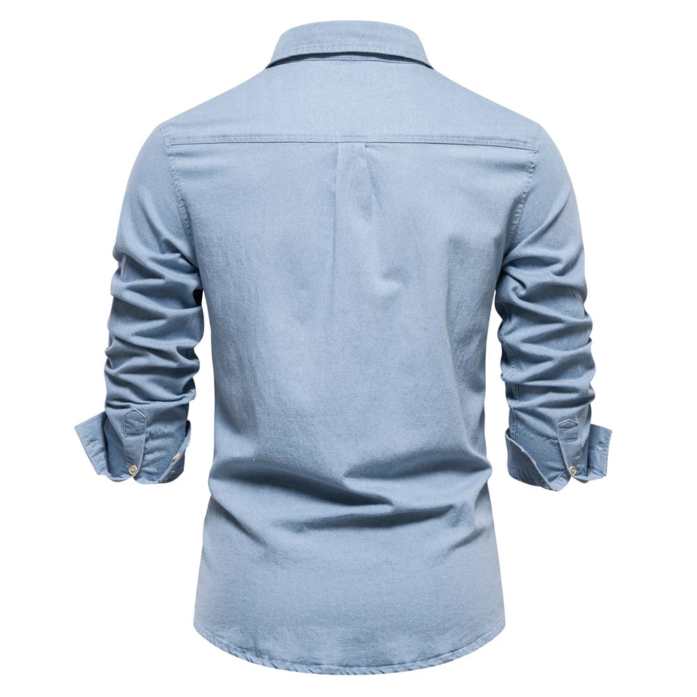 Men's Autumn Cotton Denim Shirt Solid Colour Single Pocket Casual Long Sleeve Jeans Shirt for Men