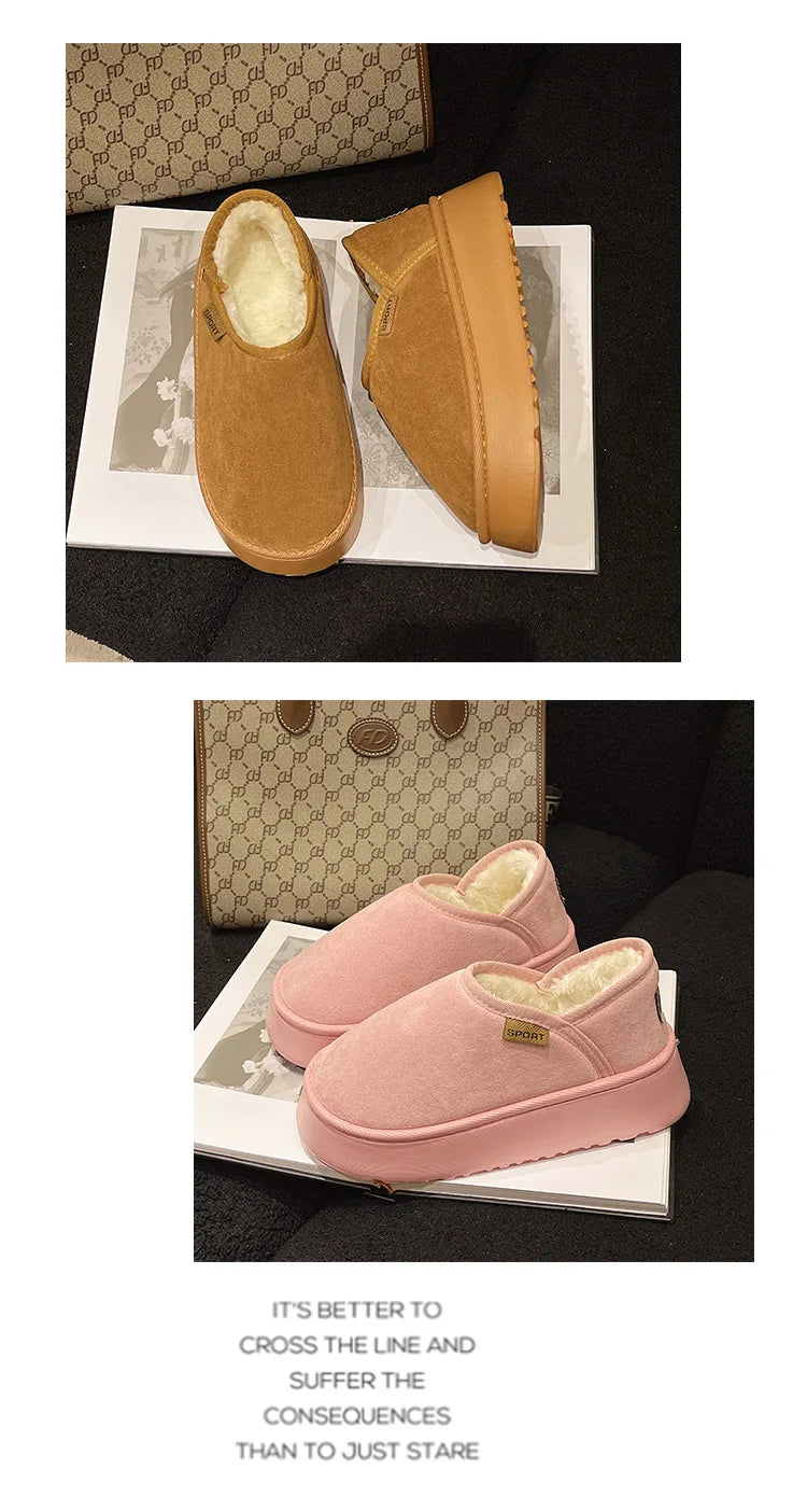 Women's Winter Warm Fuzzy Lining Cotton Shoes Fur Fluffy Slippers For Indoor and Outdoor Use With Anti-Skid Plush Thick Sole Cotton Shoes