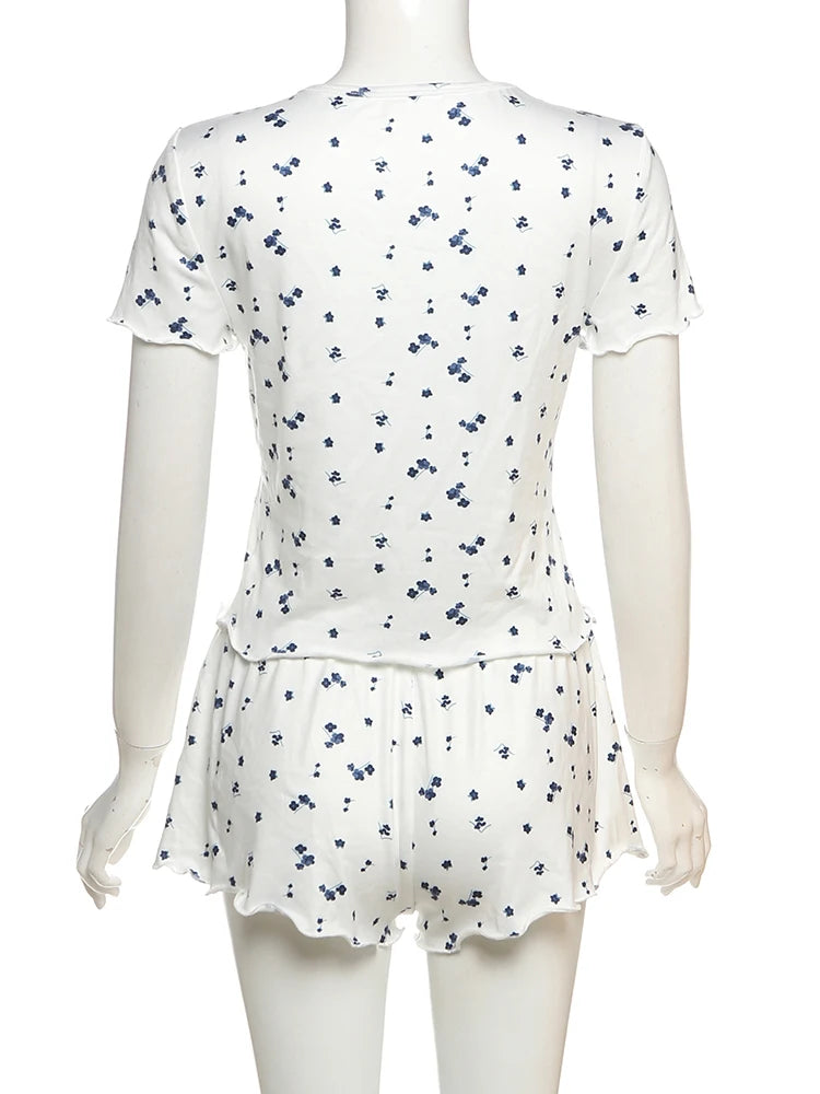 Floral Print 2 Piece Set Women o-Neck Short Sleeve T-Shirts+Folds Skinny Shorts Matching Casual Simple Ruffles Suits