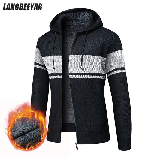 Men's High Quality Thick Plus Velvet New Brand Casual Fashion Hooded Jacket, Zipper Warm Patchwork Windbreaker Male Coats