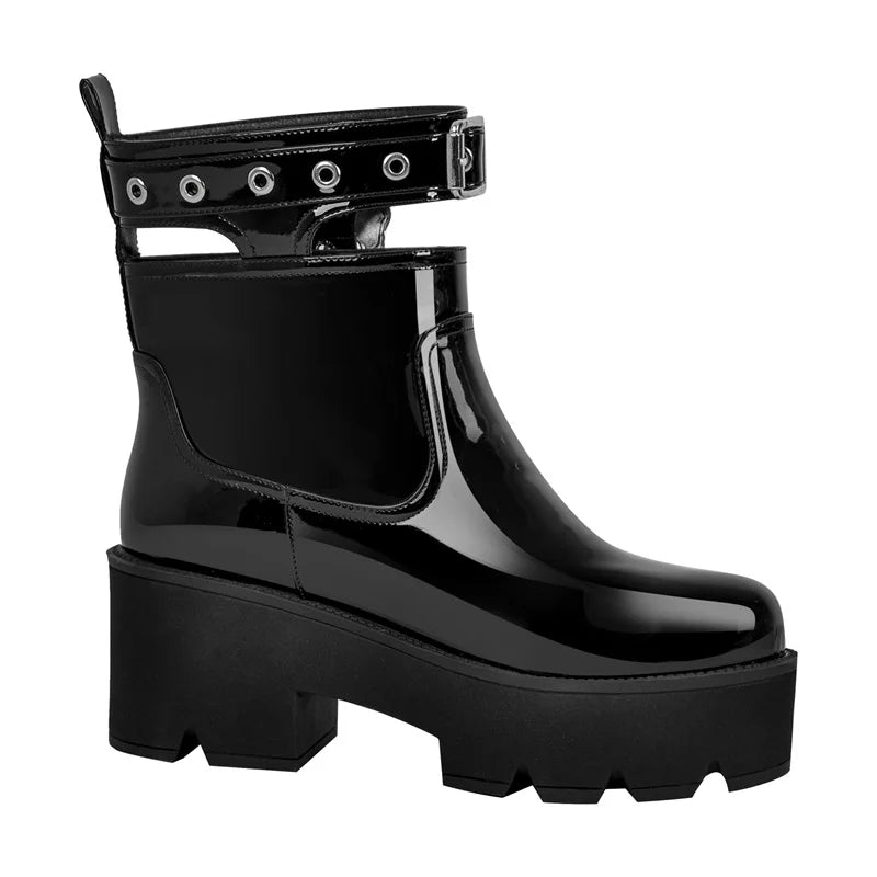 Women Platform Patent Leather Ankle Boots Chunky High Heels Plus Size Black Punk Motorcycle Boots