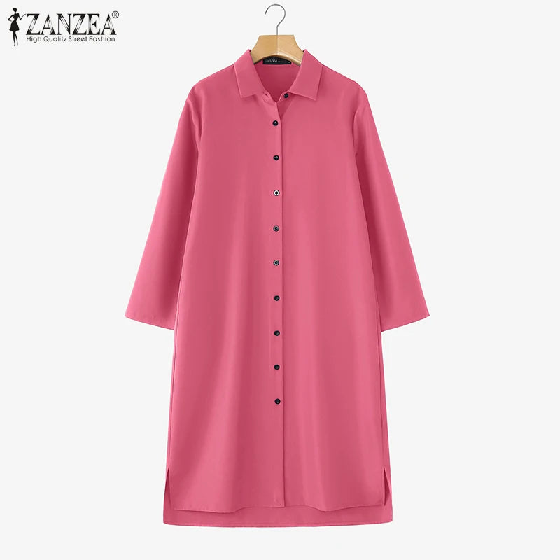 2025 Fashion Autumn Shirt Dress Women Lapel Neck 3/4 Sleeve Sundress Casual Loose OL Work Dresses Button Midi Robe Kaftan