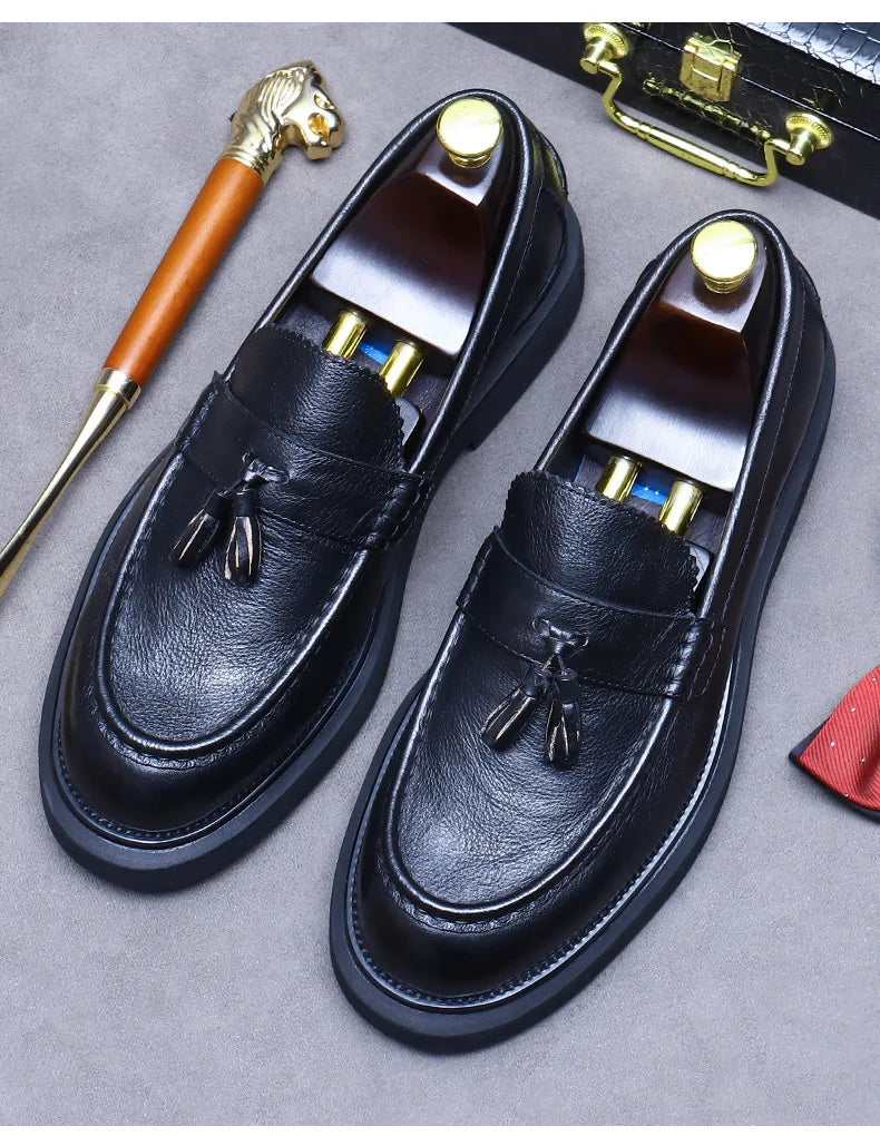 YETTIES Soft Leather Elegant Mens Dress Loafers Shoes Luxury Genuine Leather Tassel Thick Soled Wedding Social Formal Shoes
