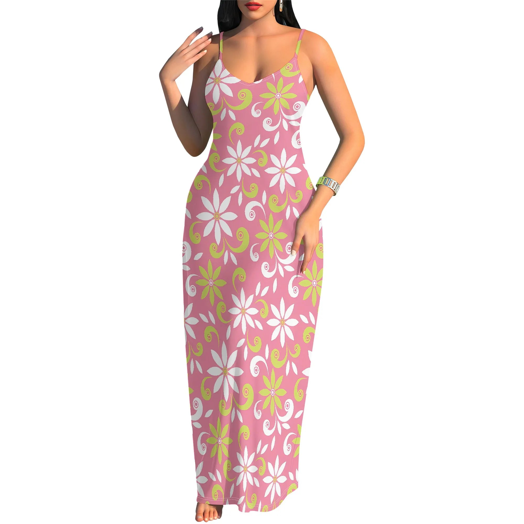 Summer Vacation V Neck Spaghetti Strap Maxi Dress Green Abstract Floral Print Beach Sundress